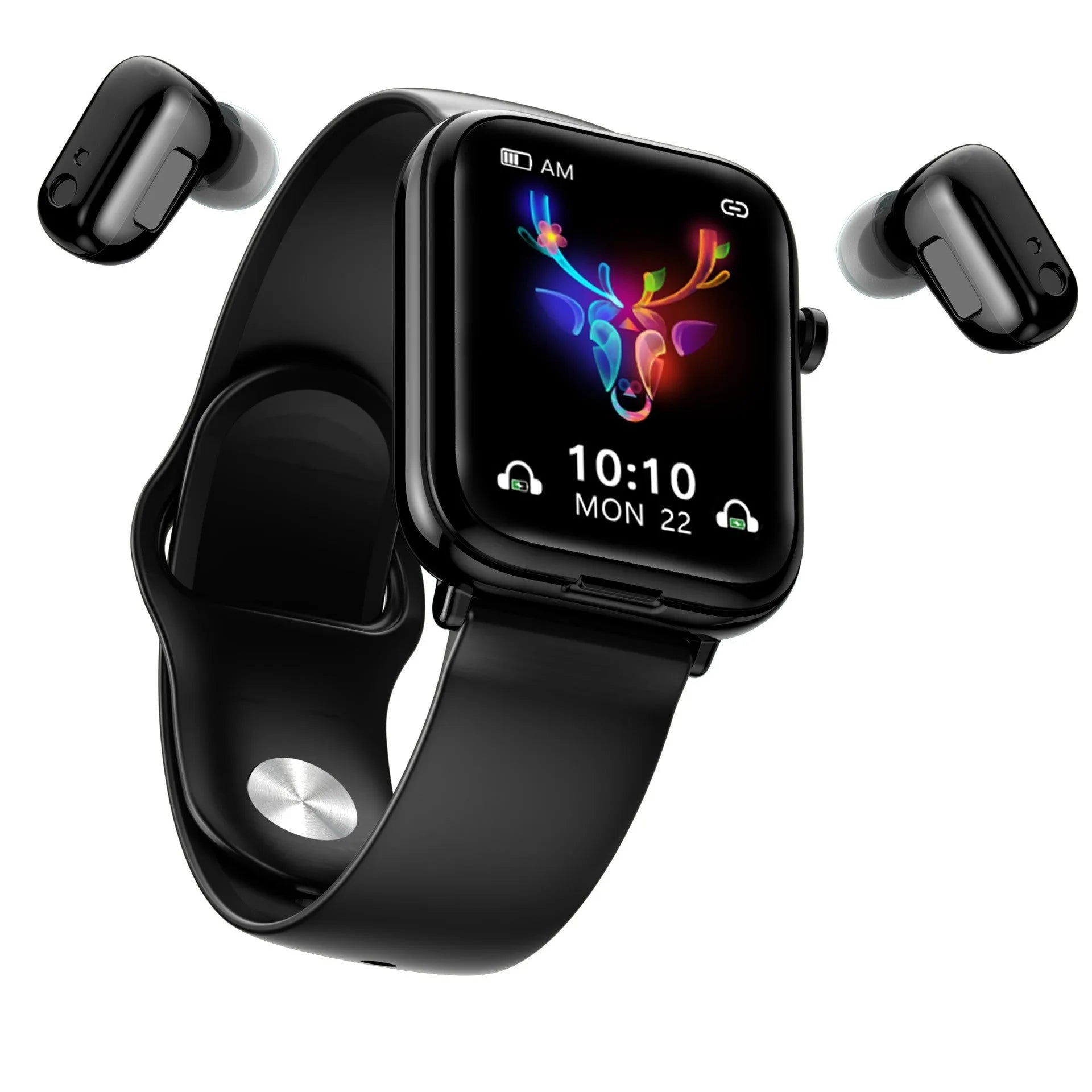Black smartwatch with touchscreen paired with wireless earbuds on a charging cable.