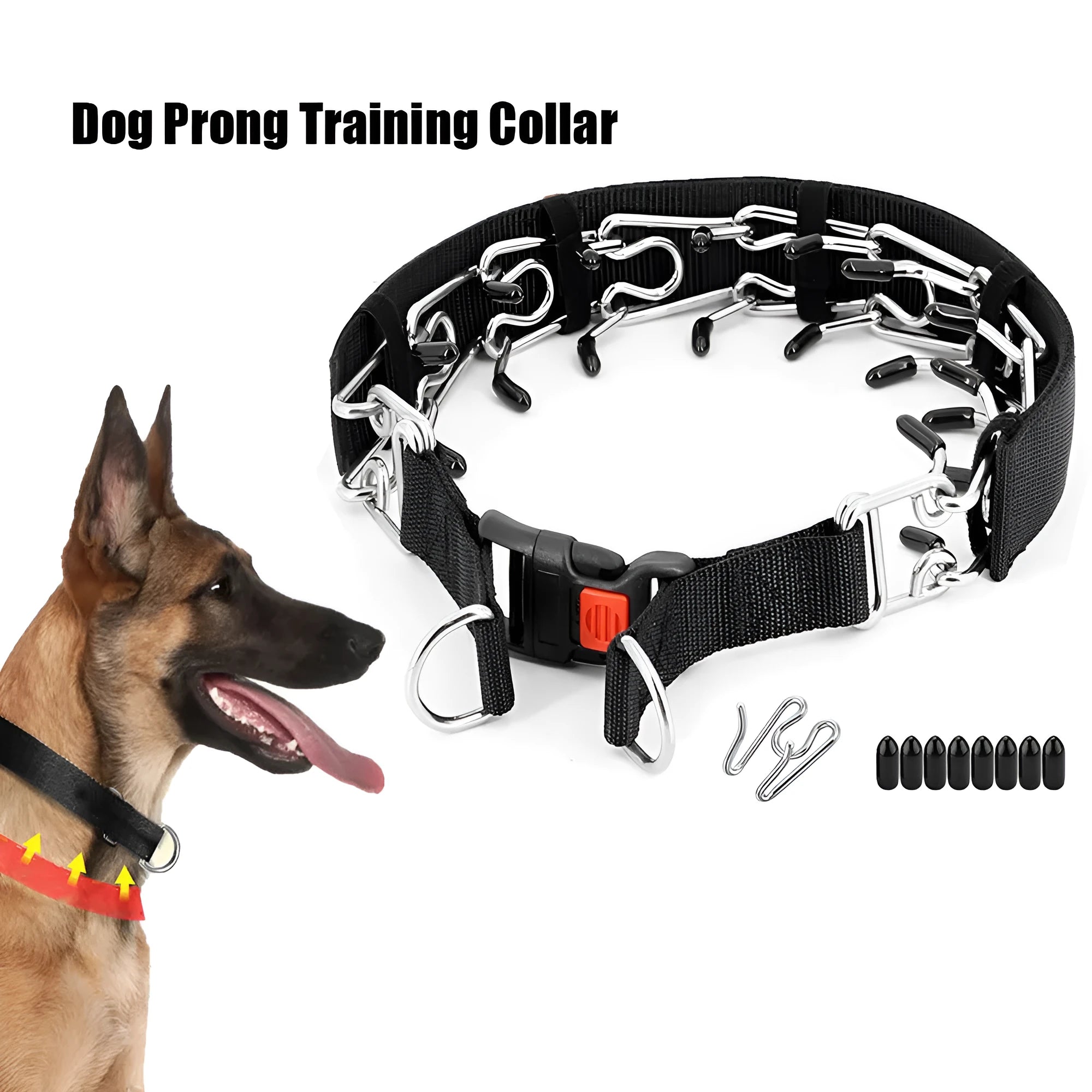 Dog training chain collar with a soft black neoprene cover shown on a size medium setting.