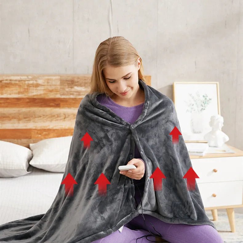 Dark grey USB-powered coral fleece electric heated blanket showing control button and cable.