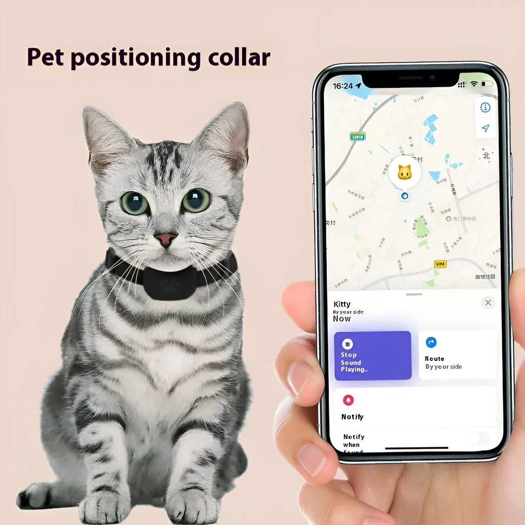 Bluetooth pet positioning collar for cats and puppies in black, blue, or pink with adjustable 28-39cm sizing