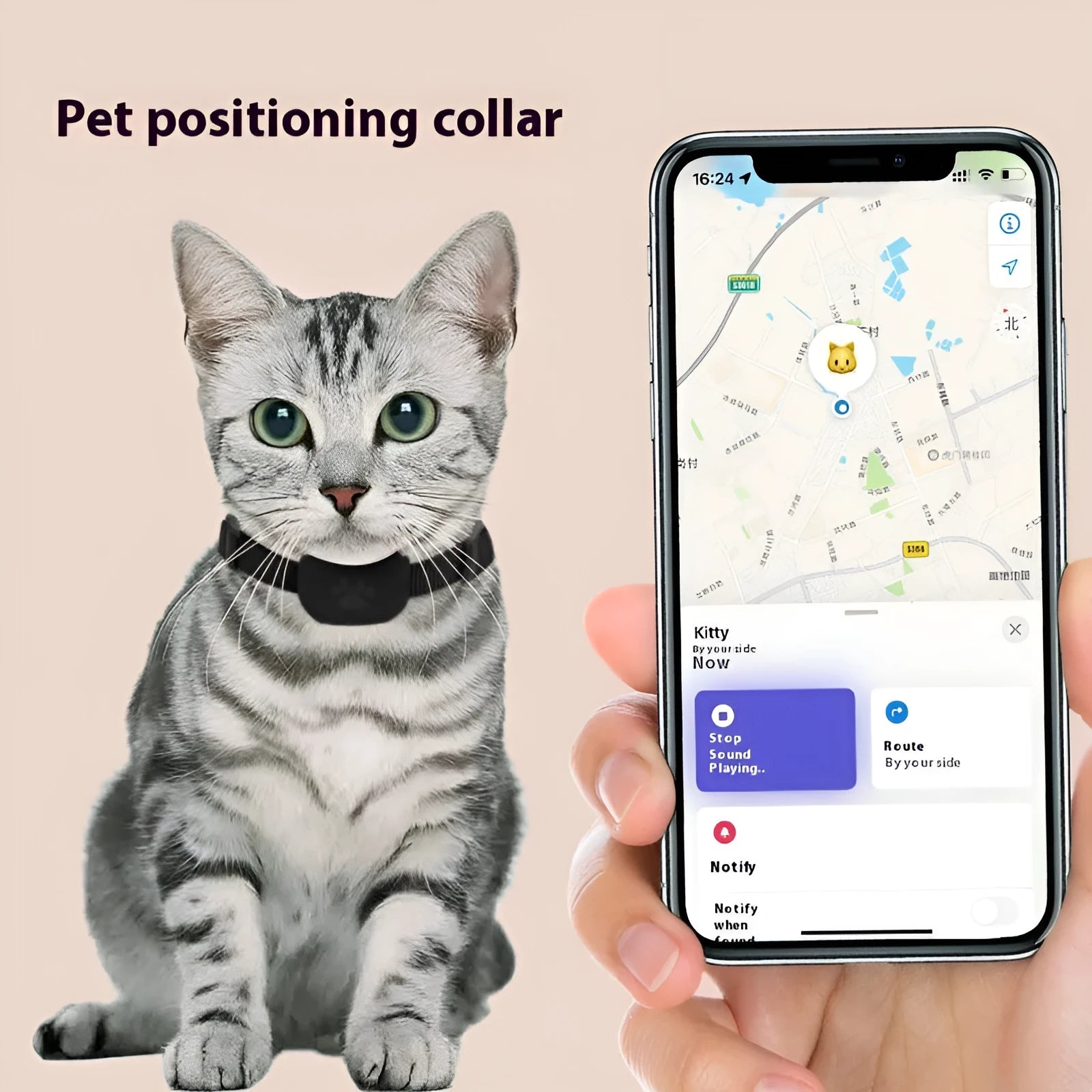 Bluetooth pet positioning collar for cats and puppies in black, blue, or pink with adjustable 28-39cm sizing