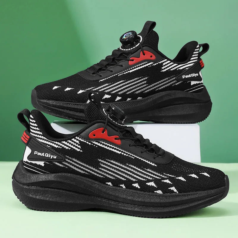 Men's casual sports running shoes with rotating buckle and white green Fly-kit mesh upper on a flat TPU sole.