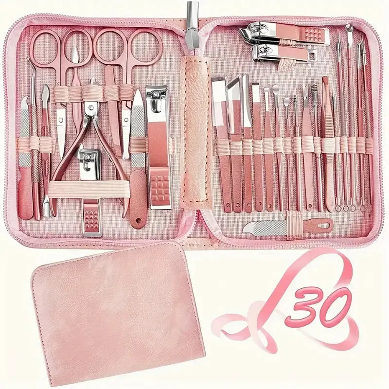 30-piece stainless steel nail beauty tool set displayed in open case, showing various grooming implements.