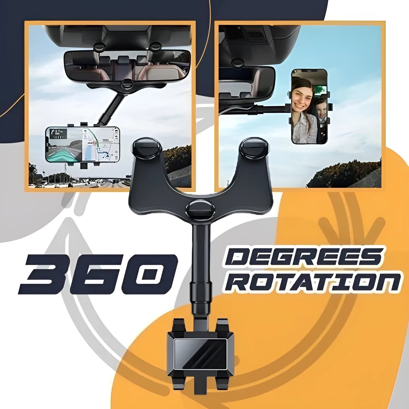 Black rearview mirror car phone holder showing 360-degree rotation and retractable arm extension.