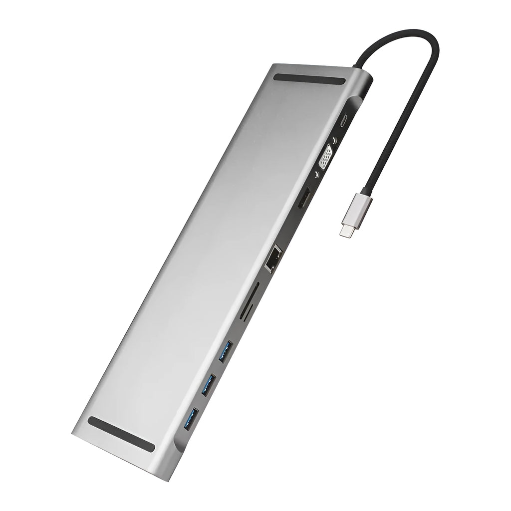 Grey aluminium ten-port docking station with cooling bracket showing HDMI, VGA, USB and network ports