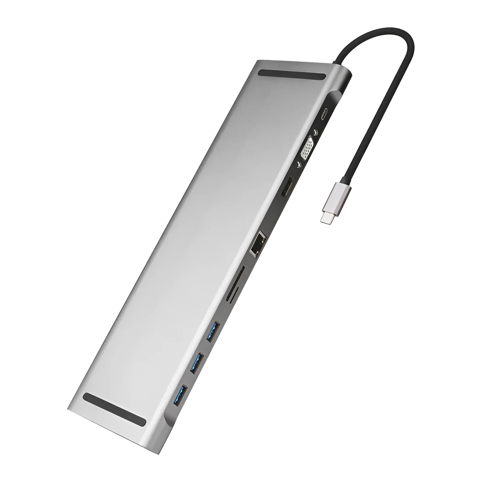 Grey aluminium ten-port docking station with cooling bracket showing HDMI, VGA, USB and network ports