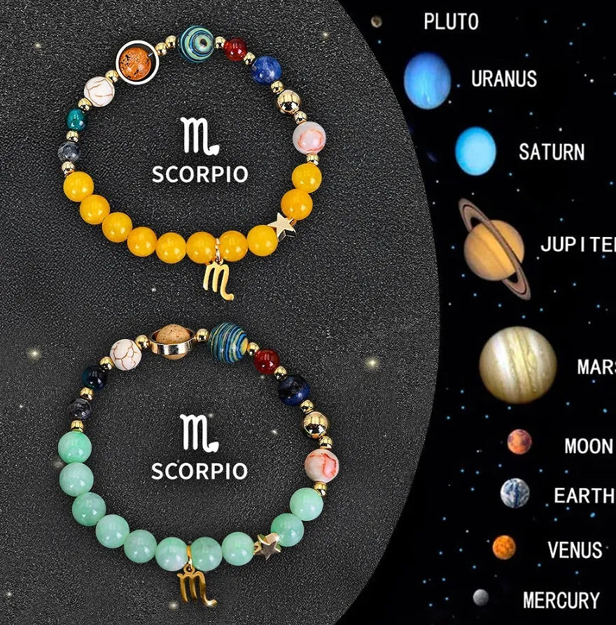 Two natural stone beaded zodiac bracelets with an adjustable closure on a wrist.