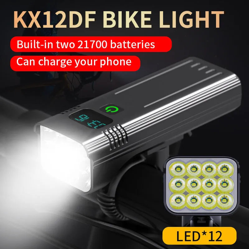 Black KX12DF digital display bicycle headlight with aluminium alloy barrel on a 360-degree rotating bracket.