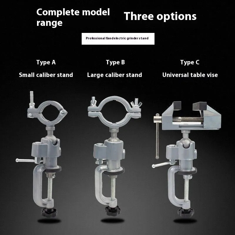 A compact bench vise with a clamp-on bracket and 360-degree rotating head, showing its tungsten steel jaws.