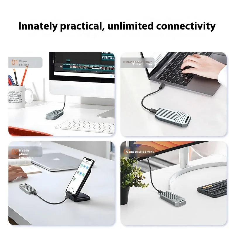 Aluminum Thunderbolt 4 NVMe SSD enclosure in silver or grey with optional cooling fan for Mac M2 and PC