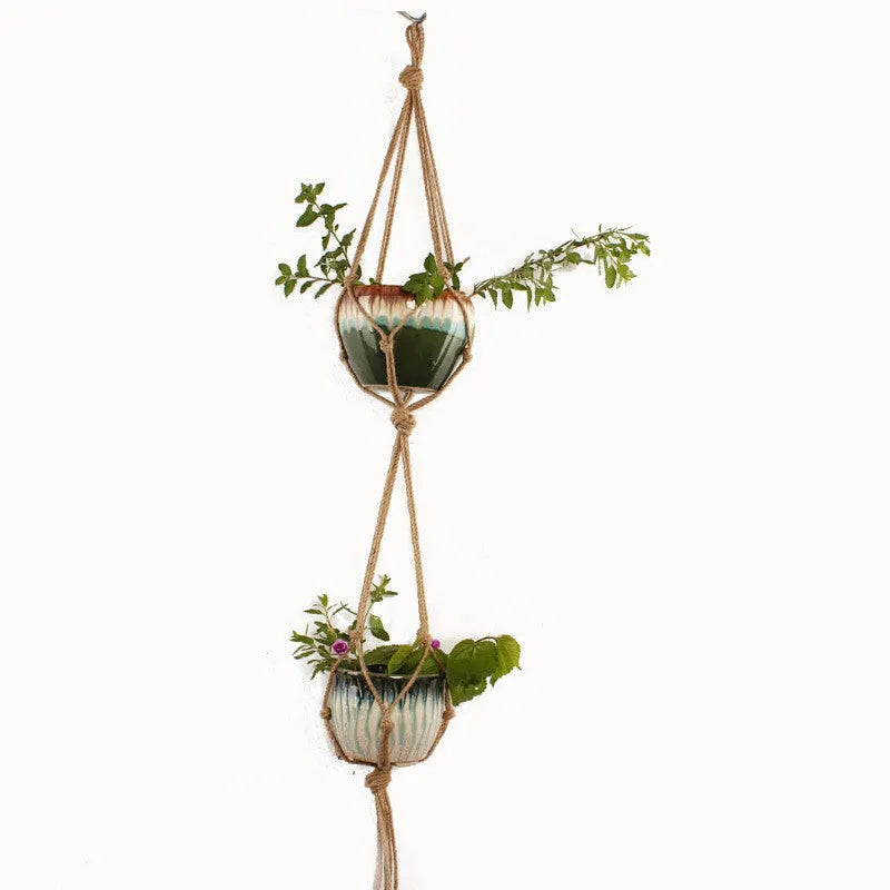 Woven wire cotton rope plant hanger in desktop and wall hanging styles