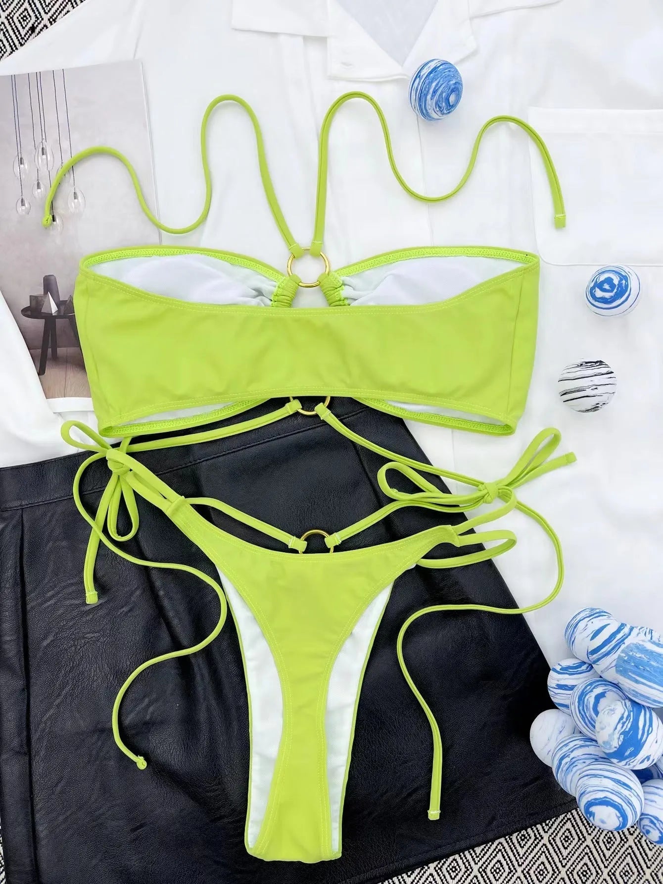 Yellow green women's triangle bikini with lace-up front detail