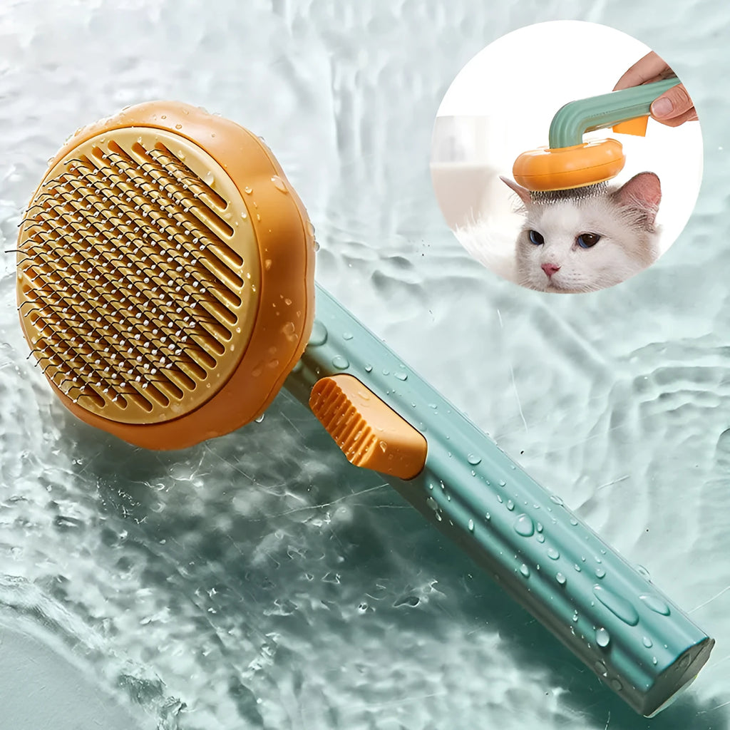 Hand-held pet grooming brush with curved stainless steel teeth in pumpkin colour option