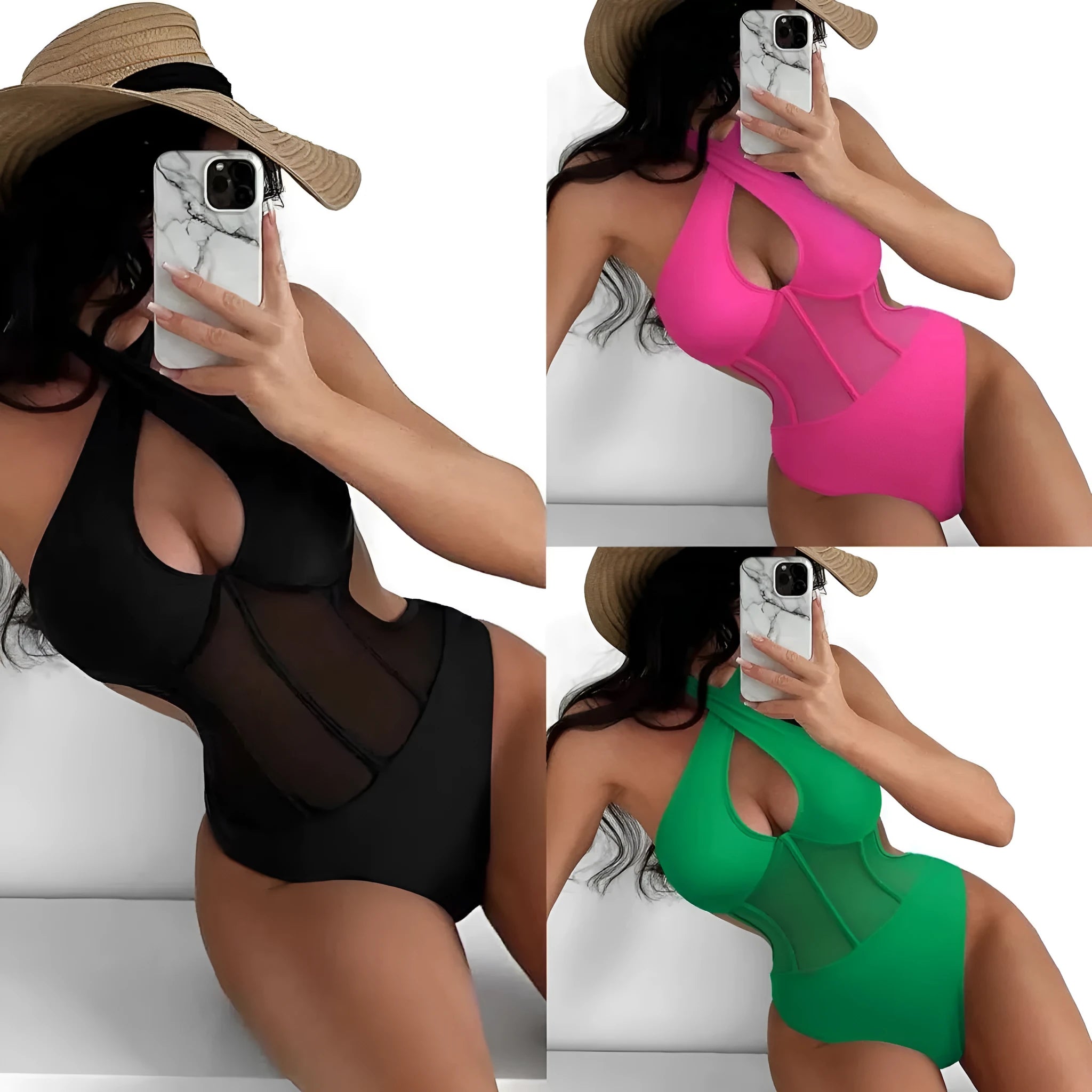Black one-piece bikini swimsuit for women on a mannequin, showing the front design.