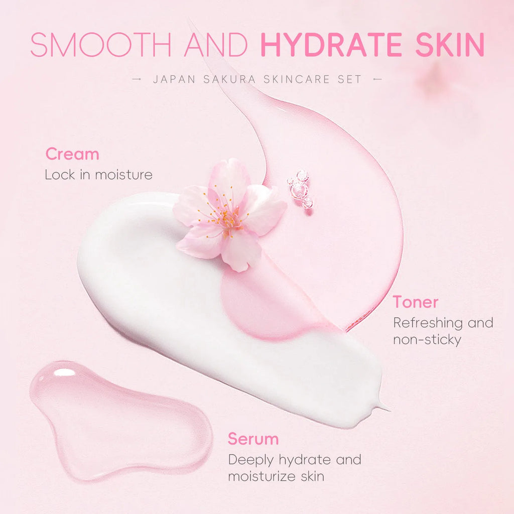 Cherry blossom skin care 6-piece set with cleanser, toner, cream, serums and eye cream