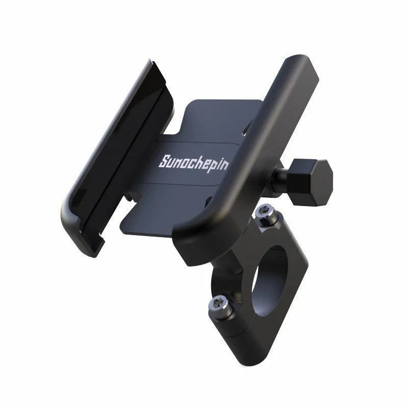 CNC aluminium alloy bicycle mobile phone holder with mechanical lock on mountain bike handlebars, black finish