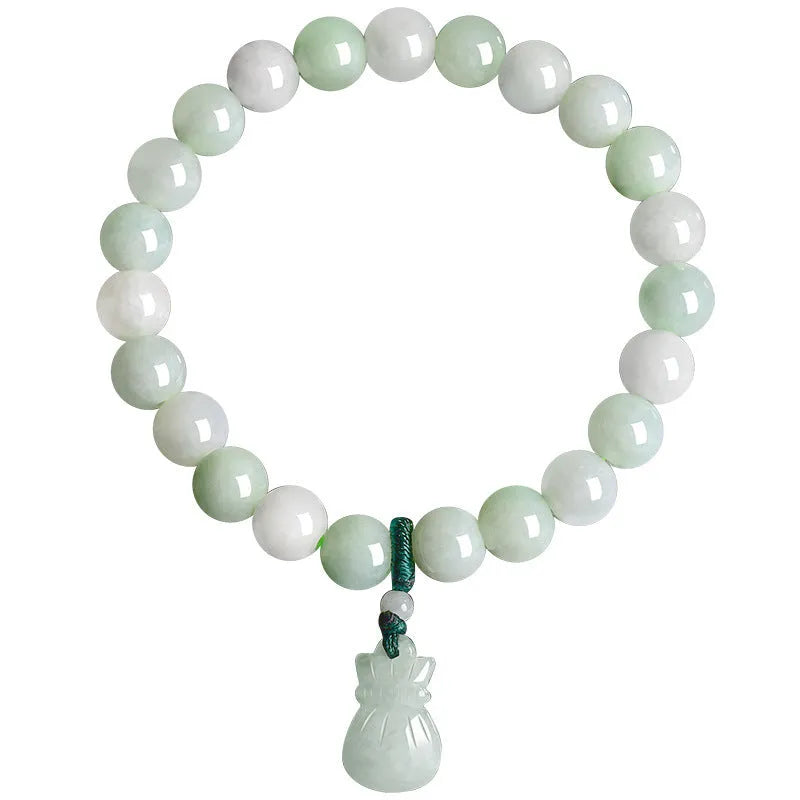 Ice Jade 8mm flower bead bracelet with jade purse charm, unisex national style jewellery