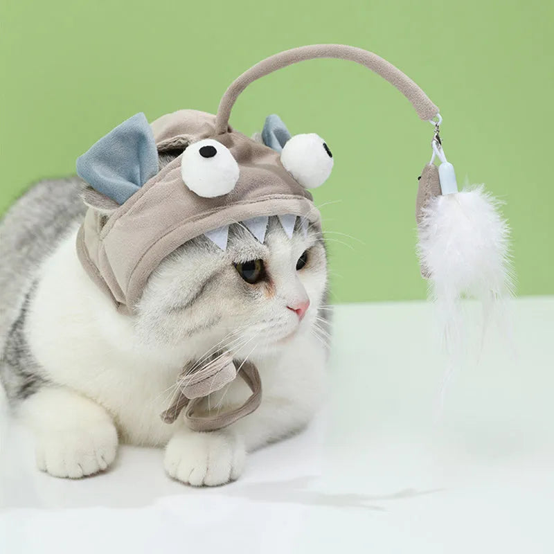 Grey dinosaur feather head teaser cat toy with adjustable neck strap for hands-free indoor play.