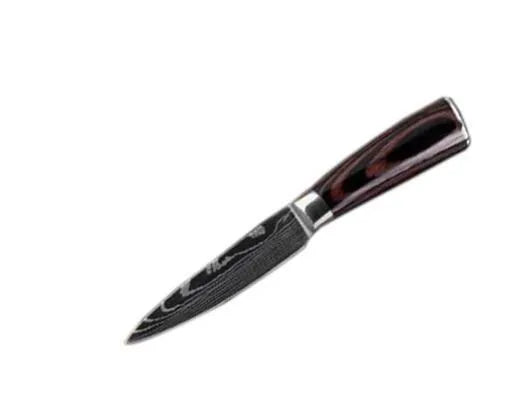 7Cr17 stainless steel kitchen knife with coloured wood handle and Damascus pattern blade on a black gift box.