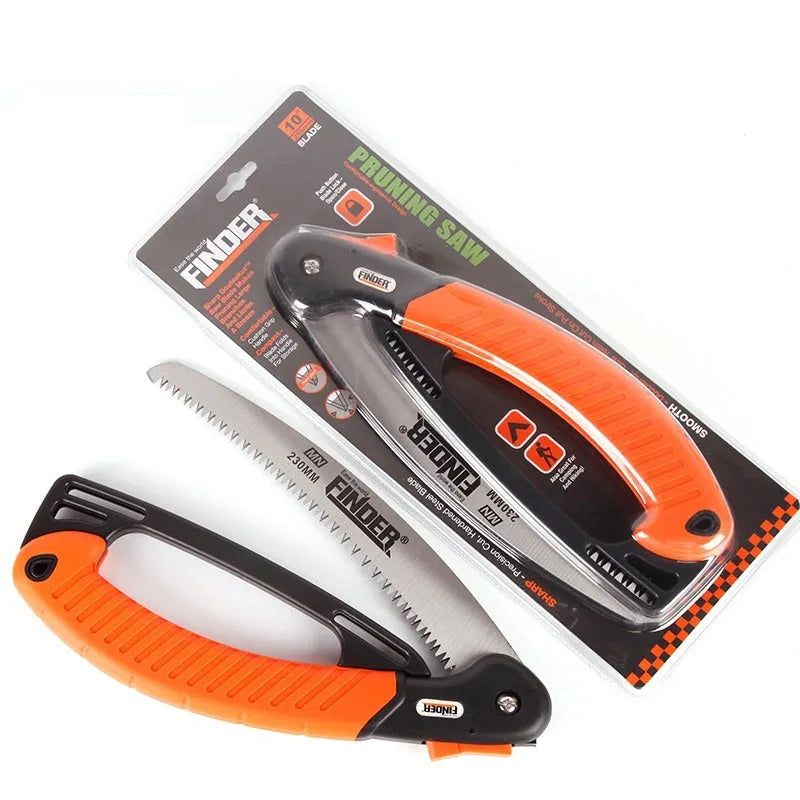 A folded garden hand saw with a TPR grip and a 9-inch 65MN steel blade.