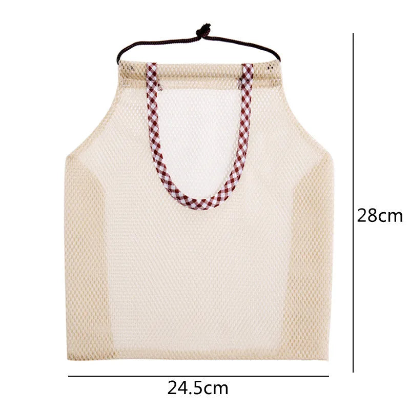 Beige plaid polyester mesh storage bag with cotton rope handles measuring 26x29cm