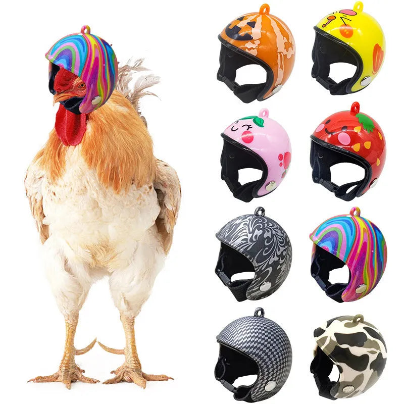 Small plastic chicken pet helmet in one of twelve designs including rainbow, plaid, or smiling face.