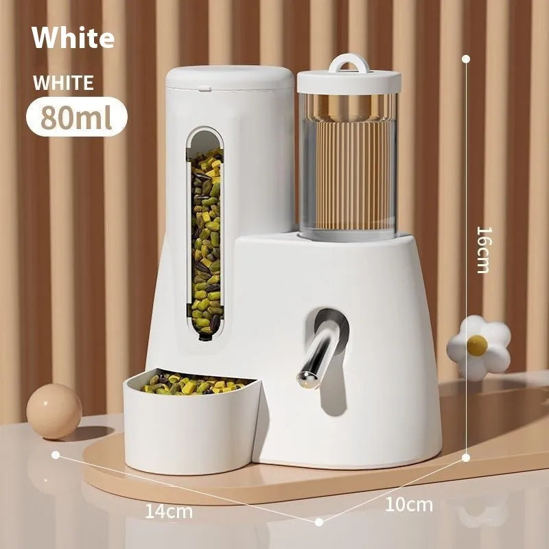 White, blue, and pink automatic hamster water feeder with attached food basin.
