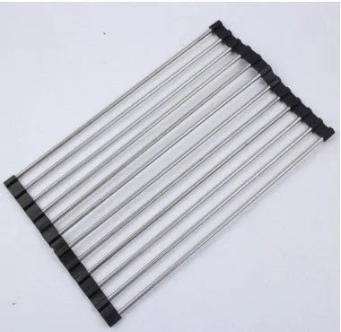 Folding stainless steel kitchen sink drying rack in red colour, shown extended for use.
