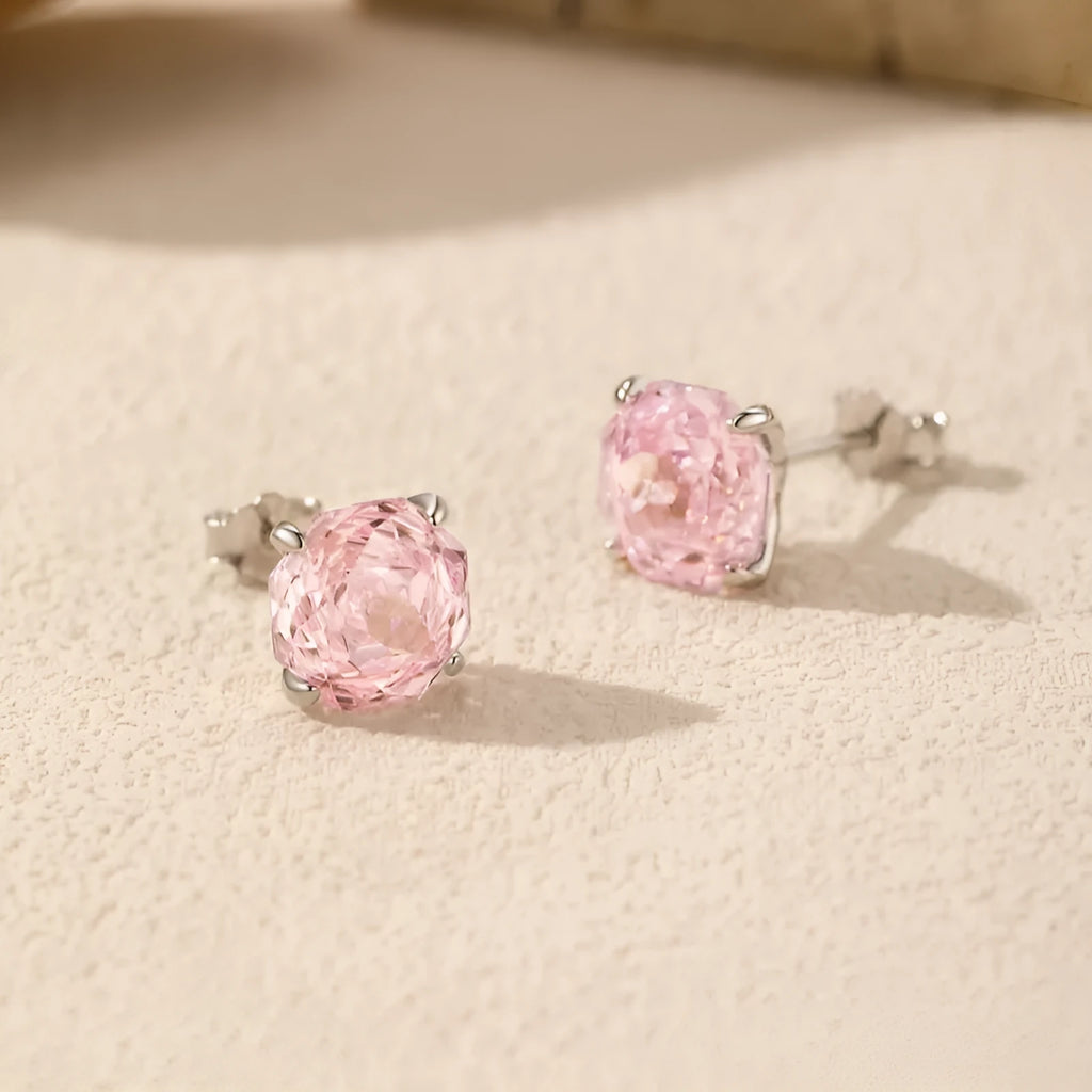 Pink S925 sterling silver rose stud earrings for women in 6mm and 8mm sizes with alloy posts.