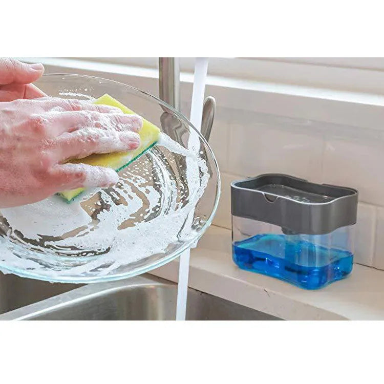 A compact plastic kitchen soap dispenser in a choice of black, grey, pink, or silver colours.