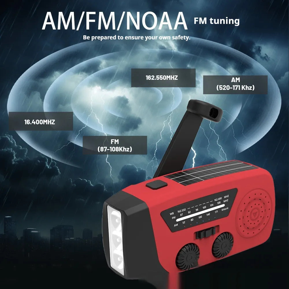 Red rechargeable emergency hand-crank radio torch with 5W LED light and wrist strap