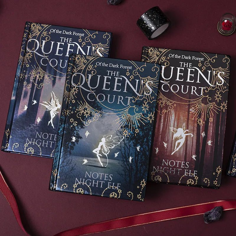 Blue and purple A5 hardcover notebooks with luminous fluorescent covers, open to show full-colour illustrated pages.