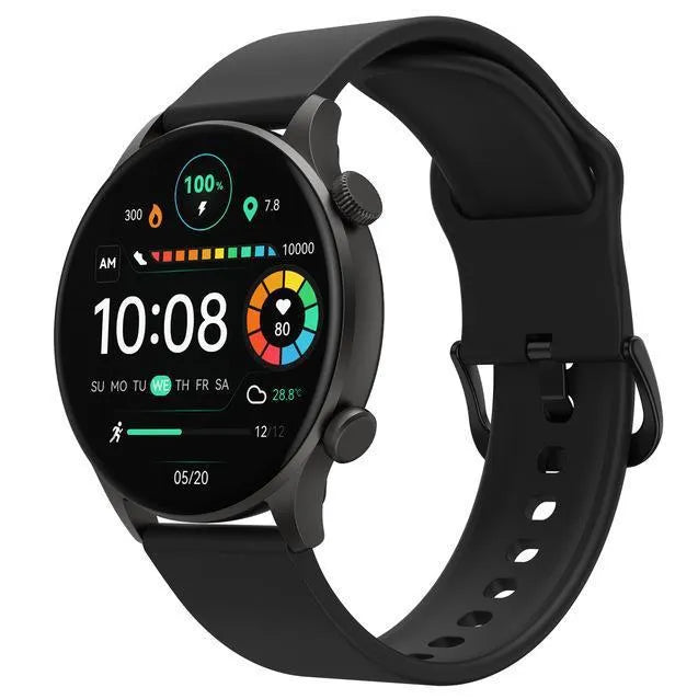 Black Bluetooth smartwatch with circular AMOLED display on a wrist