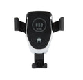 Black car wireless charger mounted on dashboard showing iPhone in automatic clamp