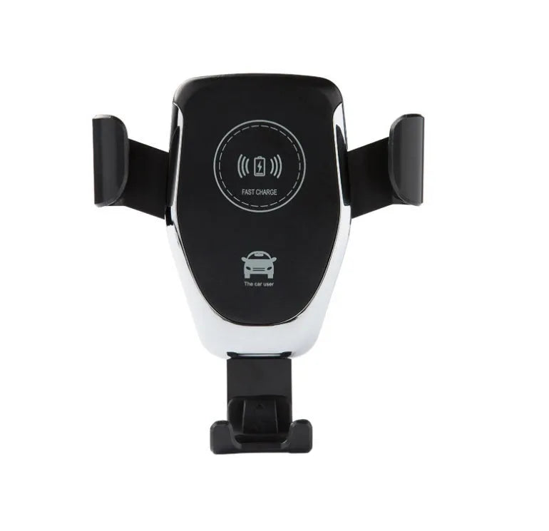 Black car wireless charger mounted on dashboard showing iPhone in automatic clamp