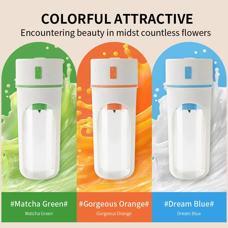 Blue portable USB electric juicer blender with 400ml clear plastic cup on a table