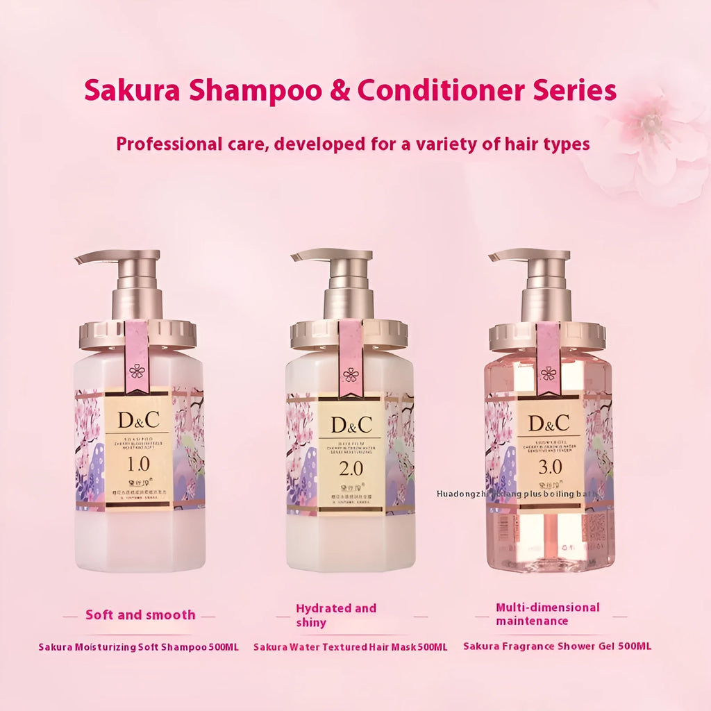 Sakura shampoo, conditioner, and shower gel set with three 500ml bottles for complete hair and body care