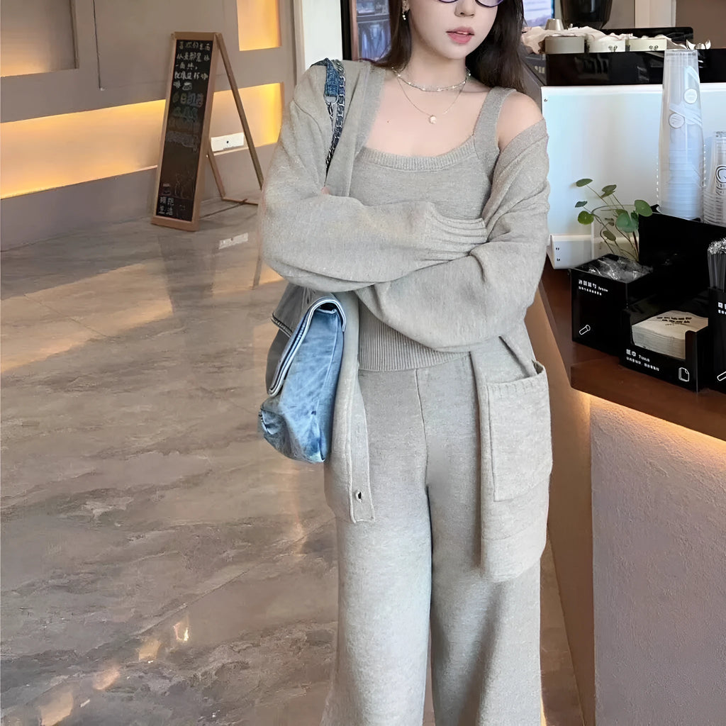 Women's knit cardigan suspender trousers three-piece set in wool blend fabric