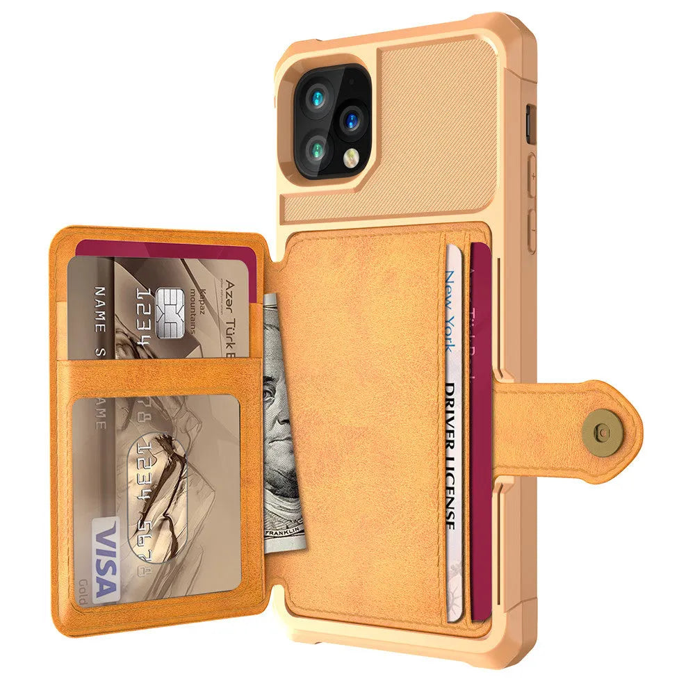 Imitation leather solid colour iPhone case with card wallet slot in black, blue, green, pink, or red.