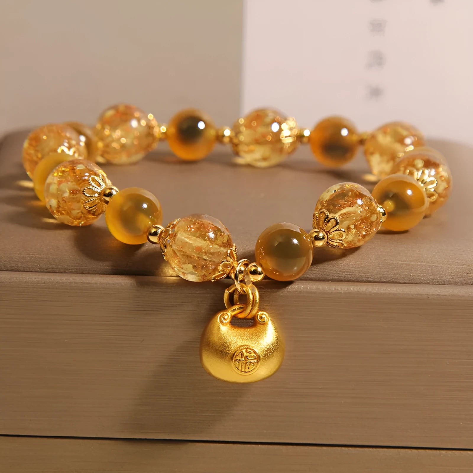Natural yellow sugar heart agate crystal bracelet with luminous coloured glass beads for women