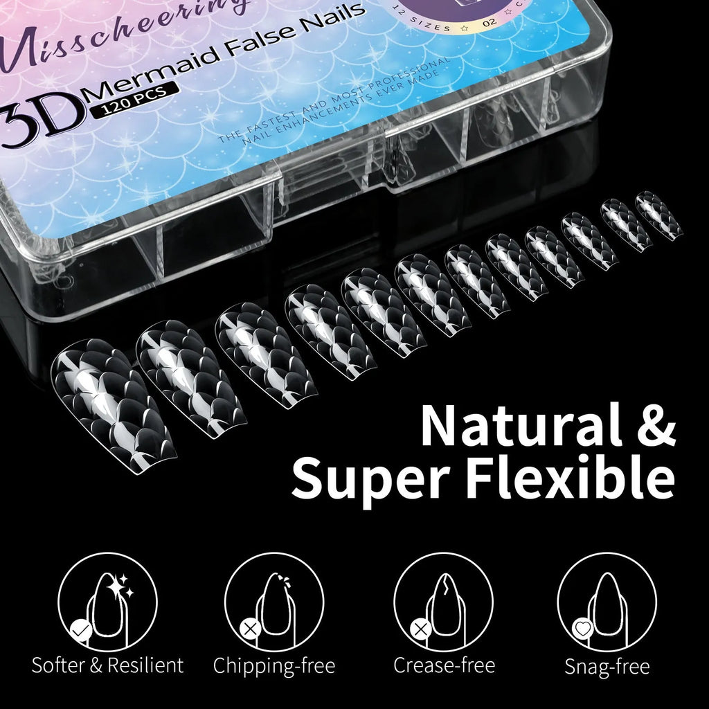 3D scale textured long shaping artificial nail tips in a Frigate box, showing colour mix options 01 to 07.
