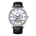 Men's stainless steel mechanical business watch with sapphire crystal and leather strap on wrist