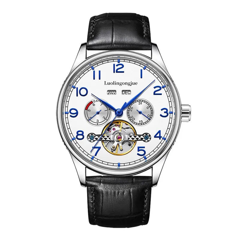 Men's stainless steel mechanical business watch with sapphire crystal and leather strap on wrist