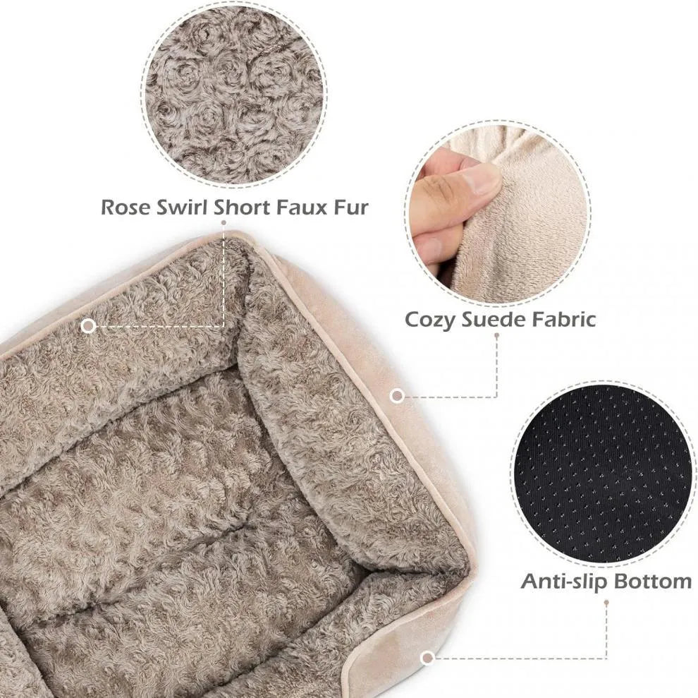 Beige bolster dog bed for large dogs with soft interior and raised sides on a wooden floor.