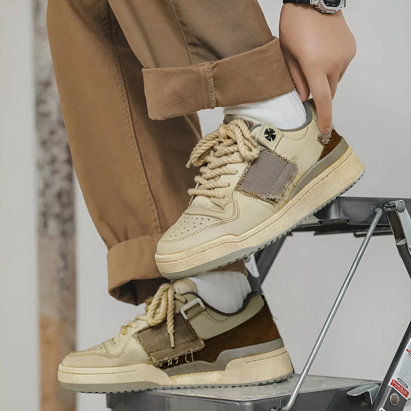 Beige low-top skateboard shoes with microfiber upper and flat rubber sole on white background