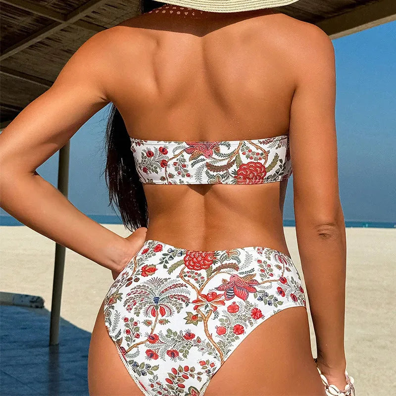Women's printed bandeau triangle bikini top and matching shorts swimsuit set