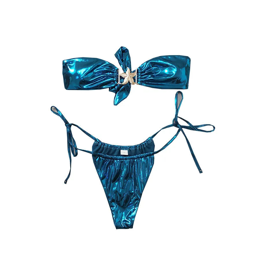 Women's glossy split bikini with gold starfish decoration in sapphire blue colour