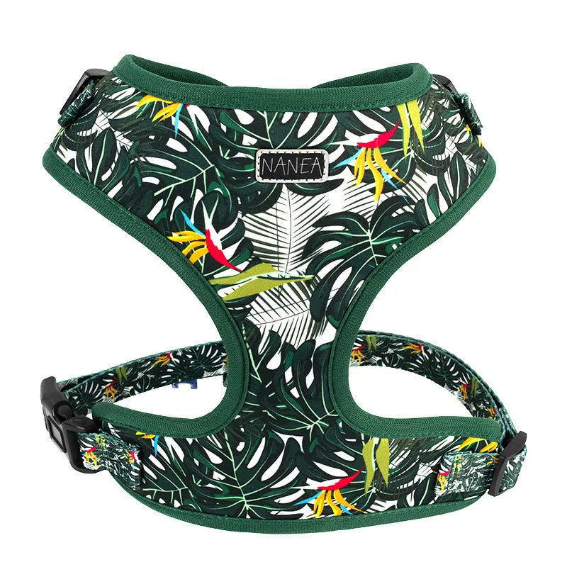 Six-piece adjustable pet harness set with vest, leash, collar, waste bag holder, bow tie, and triangular bib