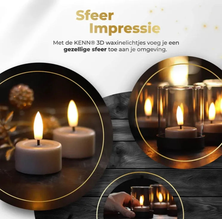 Four taupe-coloured LED tealight candles with glowing 3D flame effect on a dark surface.