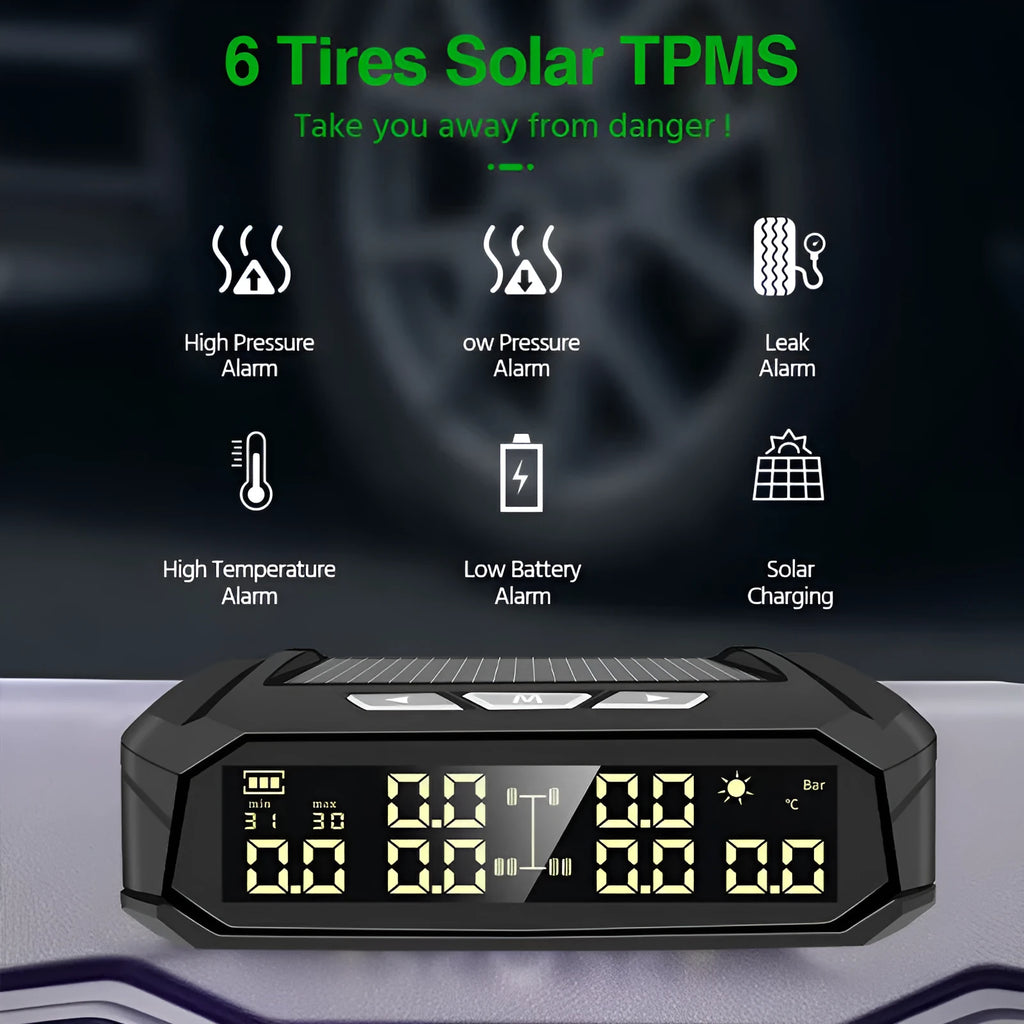 Solar-powered external tyre pressure monitor display unit with colour screen next to six sensor valves.